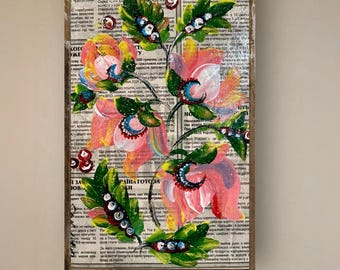 Ukrainian Floral Acrylic Painting on Newspaper, Petrykivka Art