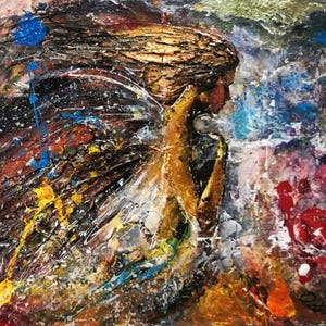 May include: Abstract painting of a woman with flowing hair and a wing, painted in shades of brown, blue, yellow, red, and white.