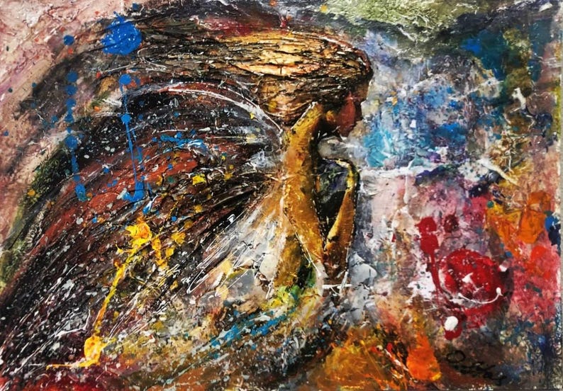 May include: Abstract painting of a woman with flowing hair and a wing, painted in shades of brown, blue, yellow, red, and white.
