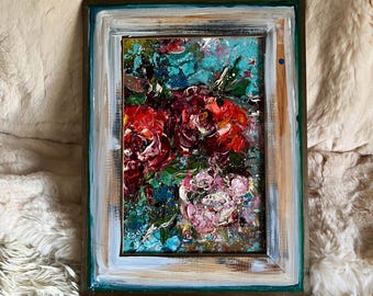 Original Impasto Oil Painting: Textured Floral Wall Art in Handmade Frame
