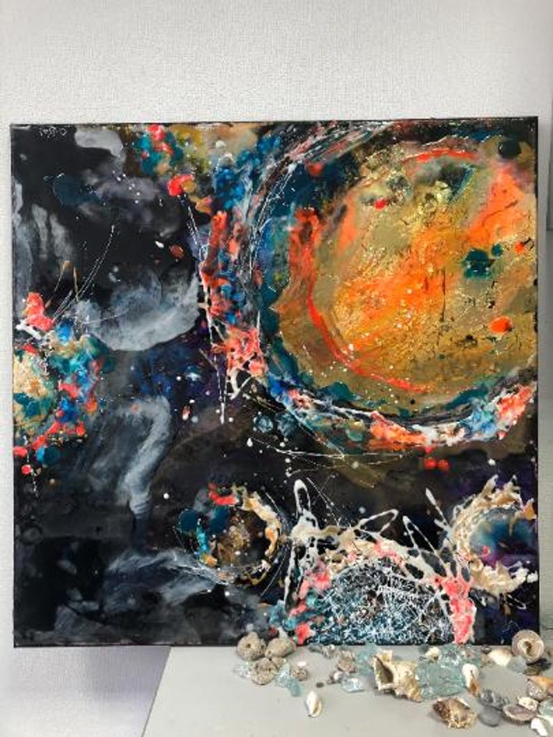 Fiery Orange Lava Resin Wall Art: Round Abstract Epoxy with Crystals image 16