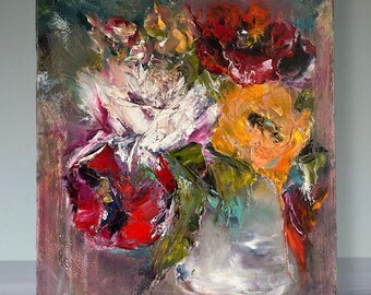 Pintura floral al óleo original: Bodegón con técnica de empaste, ramo colorido.