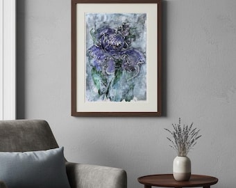 Original Watercolor Painting. Unique Wall Art. Purple Flower.