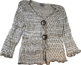 Cárdigan de punto abierto Lasenze para mujer, talla M, estilo boho, ligero, de ganchillo, color neutro, con botones.