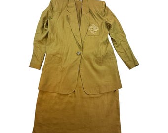 Valerie Stevens Vintage 100% Linen Skirt Suit Size 14 Olive Green Embroidered