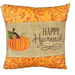 Happy Harvest Fall Throw Pillow 17x17 Embroidered Pumpkin Burlap Thanksgiving De