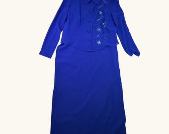 Jessica Howard 2 Pc Suit Petite 6 Blue Skirt Set Embroidered Beaded Church Forma