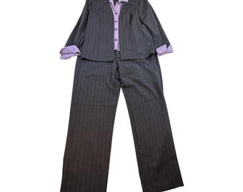 Miss Dorby Gray Pinstripe Pant Suit Size 12 Purple Trim Career Business 2 Piece
