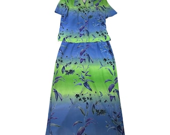 Vintage Periwinkle 2 Piece Skirt Set Size 12 Blue Green Floral Modest Church Out