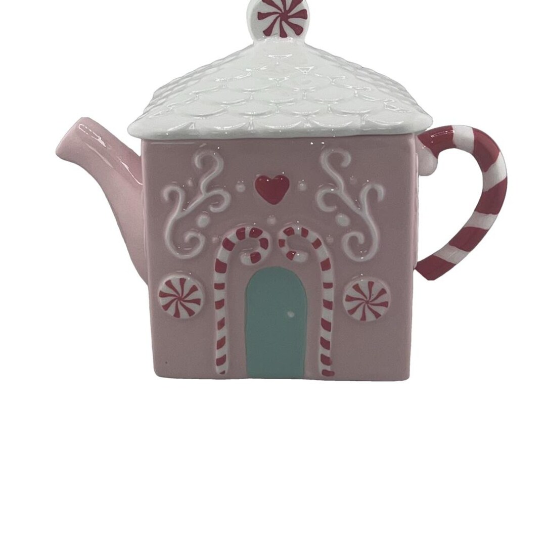 Decorative Gingerbread House Teapot, Pink and White, Candy Cane Handle ...