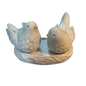 Juego de salero y pimentero de cerámica con forma de pájaro y bandeja, estilo rústico campestre, con diseño de agapornis.