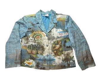 Chaqueta tipo blazer tropical Nancy Bolen City Girl, talla L, azul, con estampado paisajístico y detalles de cuentas, estilo vintage.