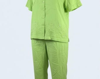 Jane Ashley 2 Piece Set Womens Small Green Cotton Embroidered Sequin Lounge Reso