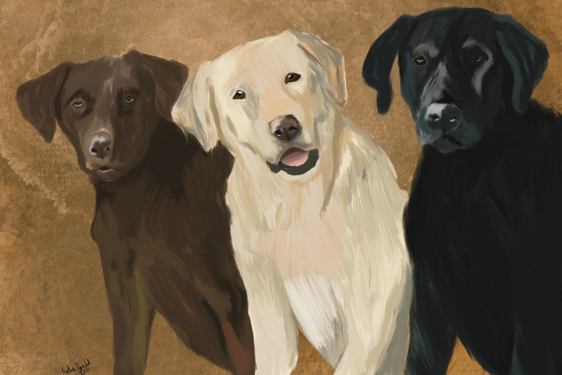 Three Labs art print yellow lab black lab chocolate lab animal | Etsy