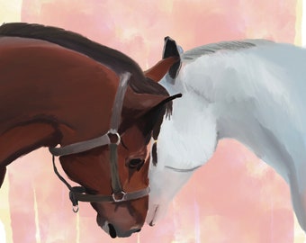 Two Horses art print, wall hanging, digital art, 8.5x11 unframed print, horse illustration, animal artwork, home decor