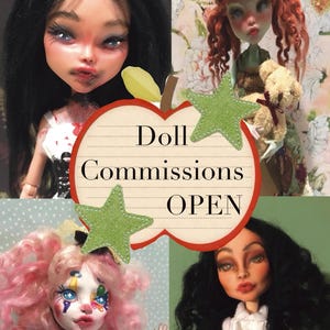May include: A collage of four dolls with distinct facial features and hairstyles, including one with black hair, one with red hair holding a teddy bear, one with pink hair and clown makeup, and one with black hair in a suit, with text Doll Commissions OPEN.
