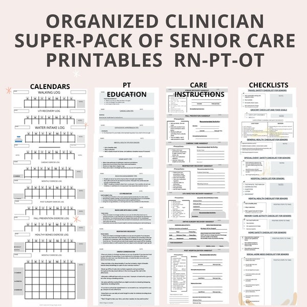 Senior Care Nurse  geriatric handouts 39 pages  physical & occupational therapist trackers, Geriatric Home Care Instant download