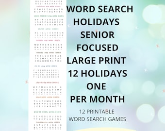 Word Search Senior Dementia, Holiday Word Search Elderly Reminisce Word Search Games