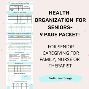 Health Organization Printables bundle for senior care, home care evaluation forms, for medical history, medication list, emergency numbers, exercise logs.