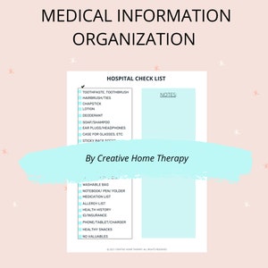 Hospital checklist handout for senior  organization. White  with black lines light aqua  accent. one column with detailed checklist of items to take to hospital admission, 2nd vertical column aqua space with area for notes.