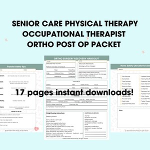 May include: A printable checklist for senior care physical therapy and occupational therapy. The checklist includes sections for transfer safety tips, ortho surgery recovery, infection prevention, pain medication, exercise and activity, weight bearing instructions, sleeping position, symptoms to report, and home safety checklist. The checklist is designed to help seniors recover from surgery and stay safe at home.