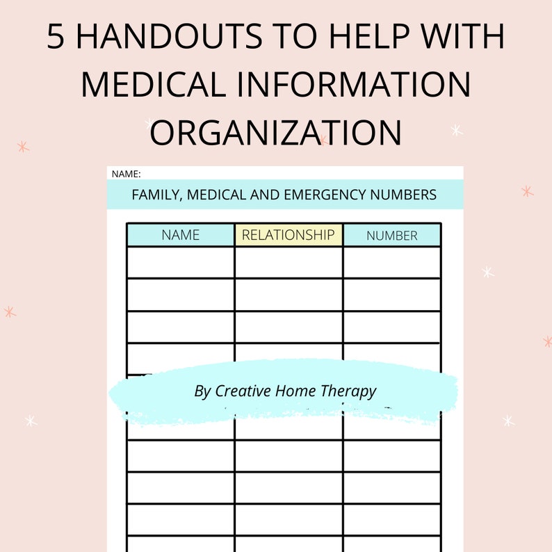large print senior health organization handout with over 10spaces for medical and emergency numbers. Easy to read, organized senior safety phone list. white with black lines and print, light aqua/ yellow accent.