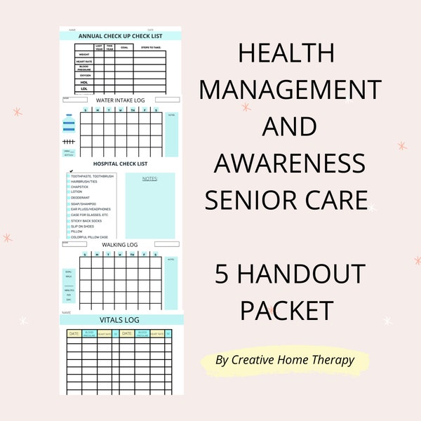 Health Awareness Caregiver Management HealthTrackers, Senior Care Handouts, Wellness Forms, Intake Organization  Senior Care Activity Logs