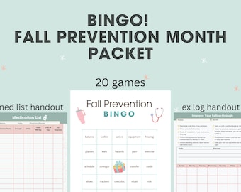 May include: A printable bingo card with the title "Fall Prevention Bingo" and a list of fall prevention topics such as balance, walker, active, equipment, hearing, glasses, walk, hazards, pain, exercise, schedule, strength, transfer, cords, shoes, trackers, checklist, vitals, and risk.