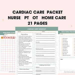 May include: A printable cardiac care handout with sections for precautions, walking instructions, and home safety checklist. The handout is in a light green color with black text.