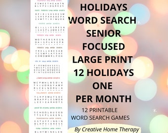 Holiday word search games  FOR SENIORS Large Print /word search puzzles, 12 games,  one holiday per month