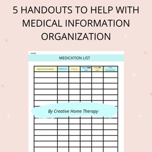 Health org Handout for recording an organized detailed list of medications.  Includes name of medication, strength of dose, time of day, times per day, for what diagnosis. white background with black lines/ print. light yellow/ light aqua accent.