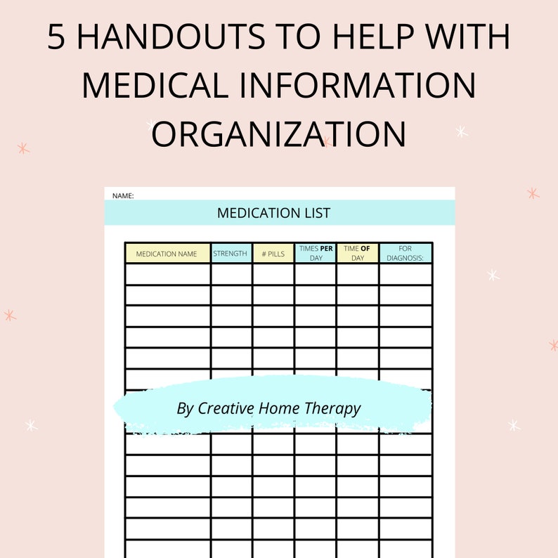 Health org Handout for recording an organized detailed list of medications.  Includes name of medication, strength of dose, time of day, times per day, for what diagnosis. white background with black lines/ print. light yellow/ light aqua accent.