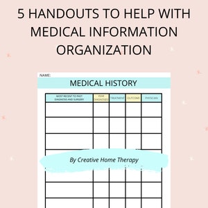 Senior health organization medical history chart list handout with approximately 10-13 spaces for logging health issues, treatment, physician, and results. Easy to read, organized med history form  white with black lines light aqua/ yellow accent.