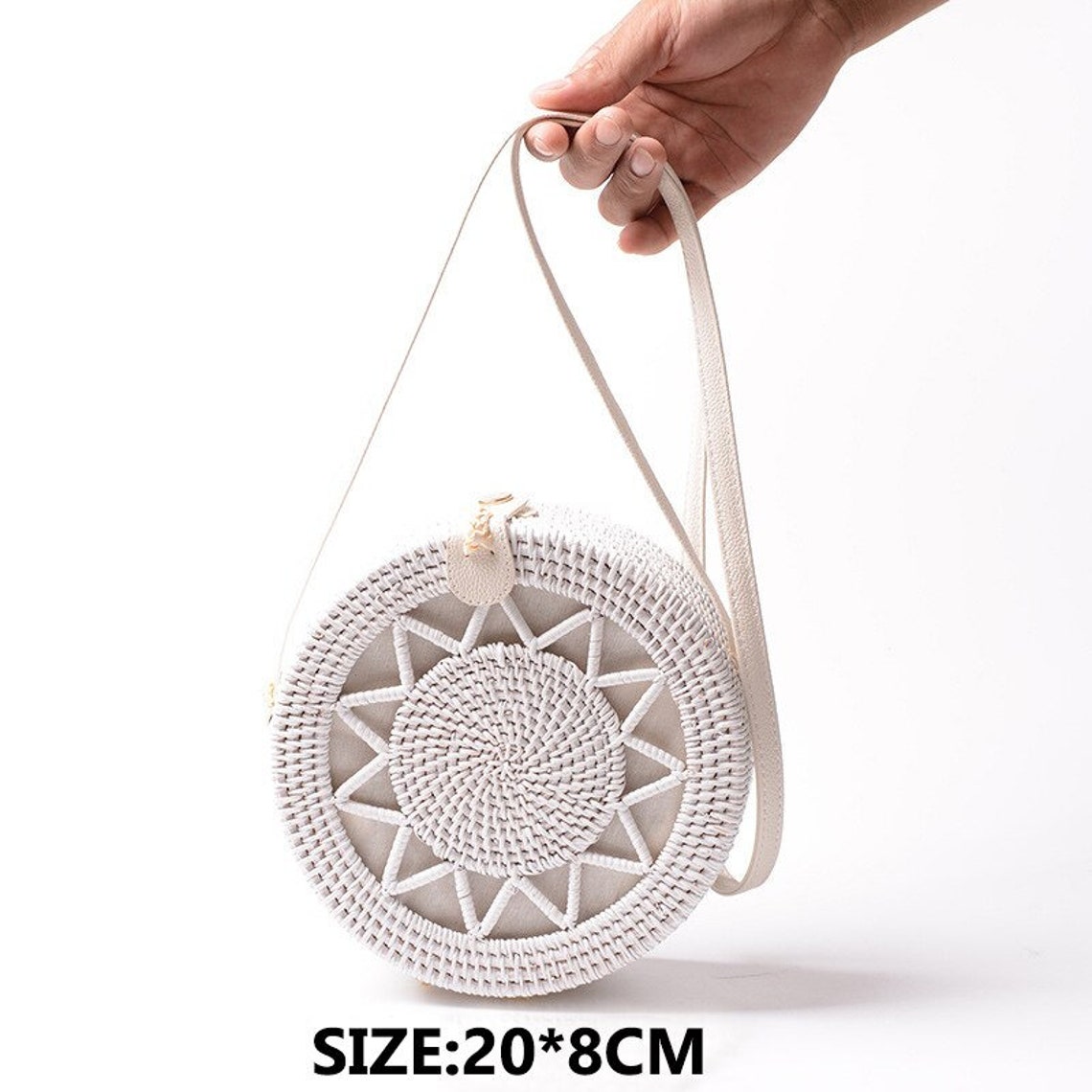 White Round Straw Beach Bag Circle Rattan Bag Women Flower Etsy