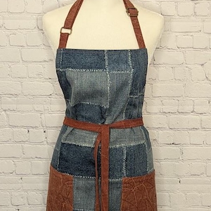 Denim Patchwork Print Apron: Cotton Canvas with Orange Straps