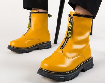 Ecological Leather Yellow Boots Ecological Leather Yellow Booties Yellow Platform Booties Yellow Booties with Zipper