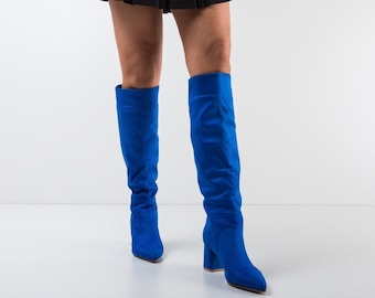 royal blue high heel boots