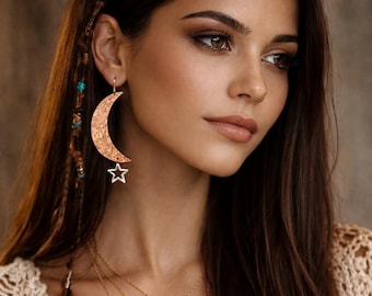 Pendientes de luna de cobre y estrella de plata, ganchos de plata 925, joyería celestial bohemia, pendientes de estilo místico, pendientes llamativos