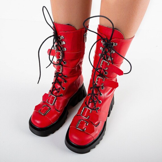 Botas rojas de cuero ecológico Botas veganas botas rojas con | Etsy México