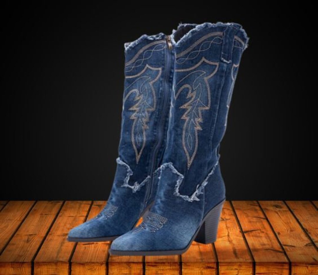 Denim Cowboy Boots Blue Jean Boots Modern Denim Boots Unique Women
