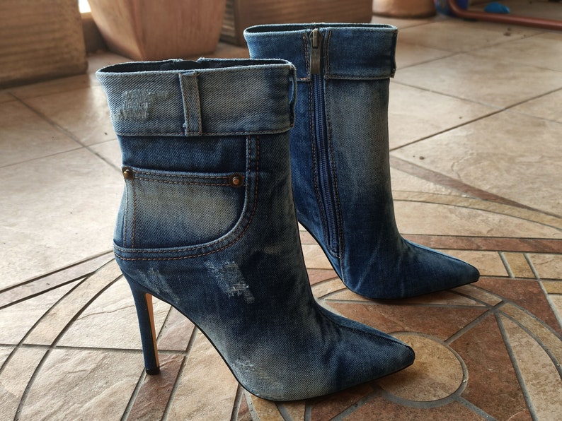Denim Jeans Booties Blue Jean Boots High Heel Jean Booties Modern Boots