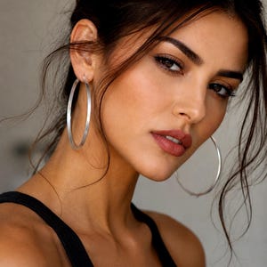 May include: A pair of large, thin, circular hoop earrings with a smooth, polished silver-tone finish. These lightweight earrings feature a simple, continuous wire design that forms a wide, open circle, providing a clean and reflective metallic look.