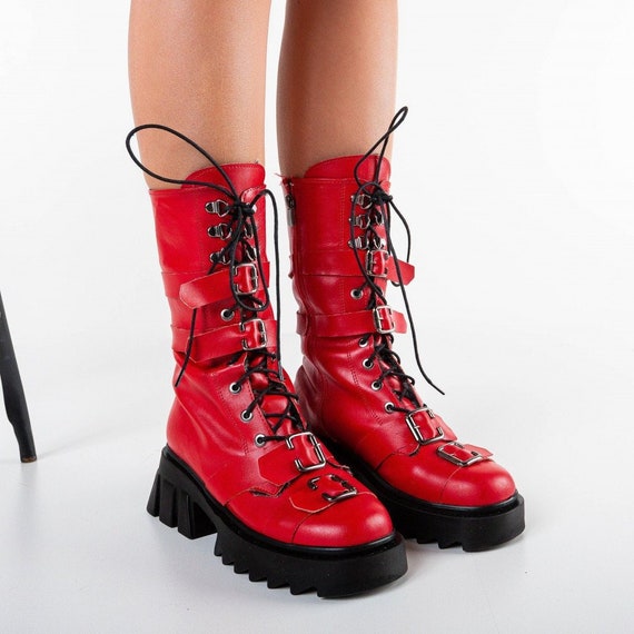 Botas rojas de cuero ecológico Botas veganas botas rojas con | Etsy México