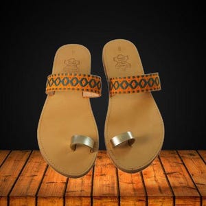 Handmade beige leather sandals, Decorated Orange leather sandals, Open too leather sandals, Boho leather sandals, Greek leather sandals