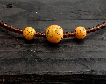 Handmade brown beaded choker with yellow handpainted beads Collar choker Dainty choker Delicate beaded choker Boho brown beaded choker