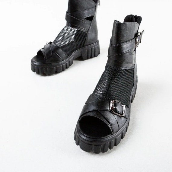 Botines de verano negros de cuero Abierto también botines | Etsy México