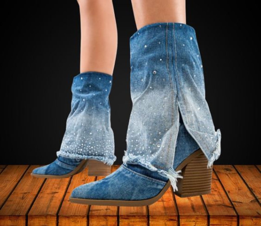 Denim Boots Blue Jean Boots Boho Denim Boots Jean Booties Modern Boots