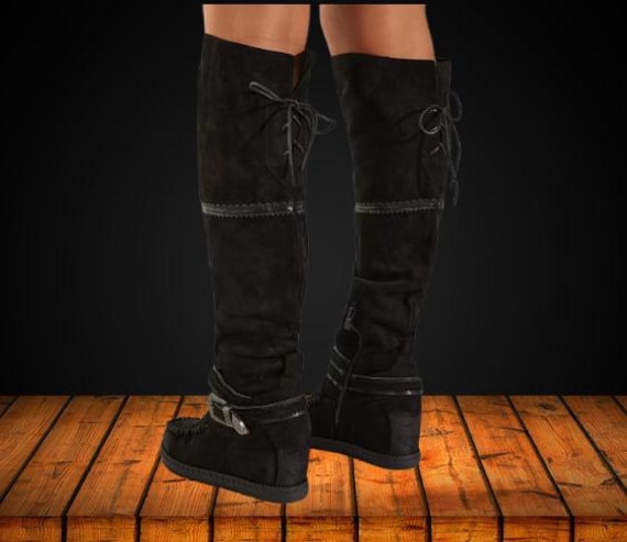 Overknee suède laarzen, laarzen met franjes, zwarte suède laarzen