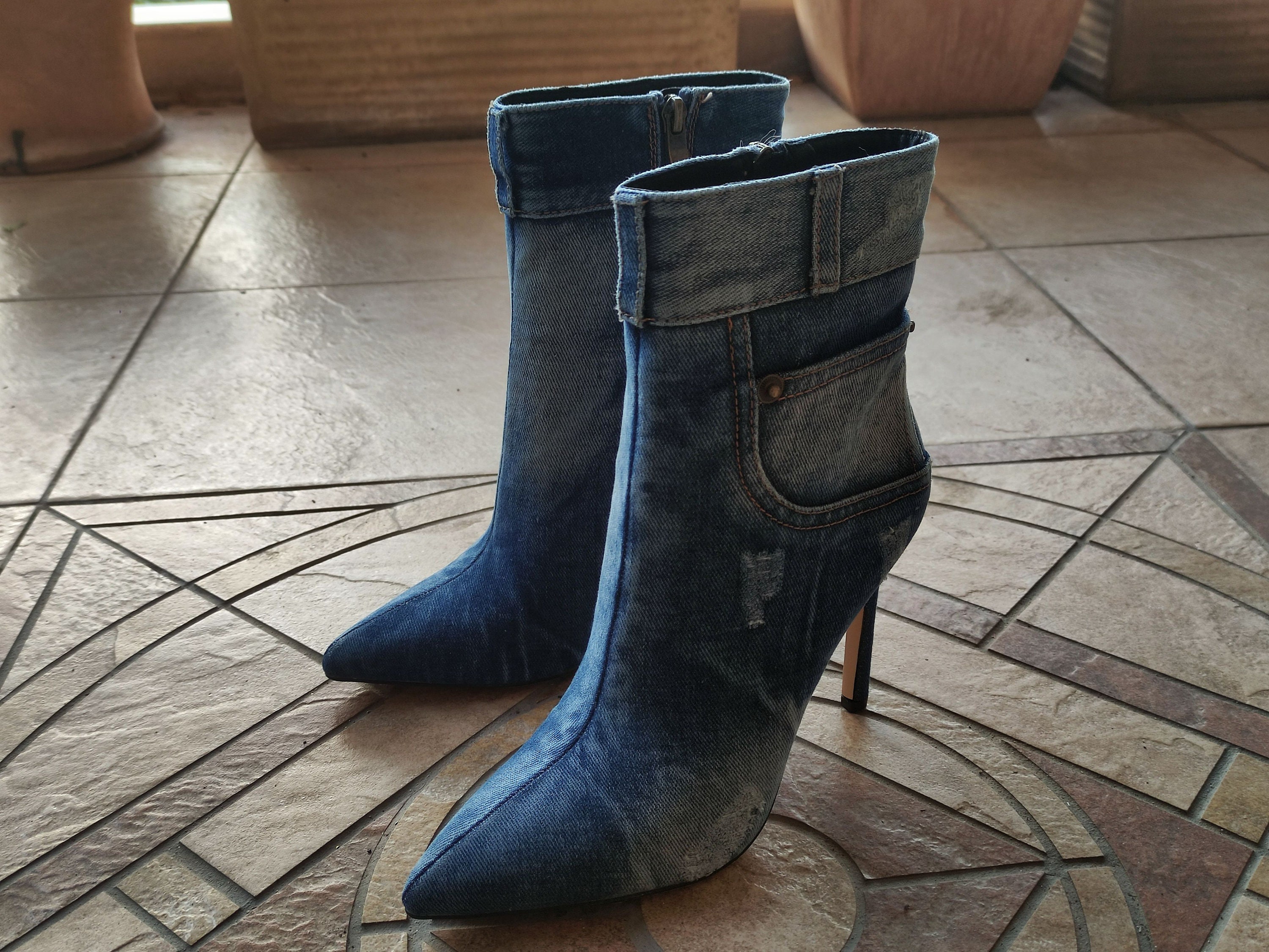 Denim Jeans Booties Blue Jean Boots High Heel Jean Booties Modern Boots
