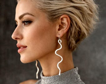 Handmade Long Snake Earrings, 925 Silver Hooks, Punk Serpent Jewelry